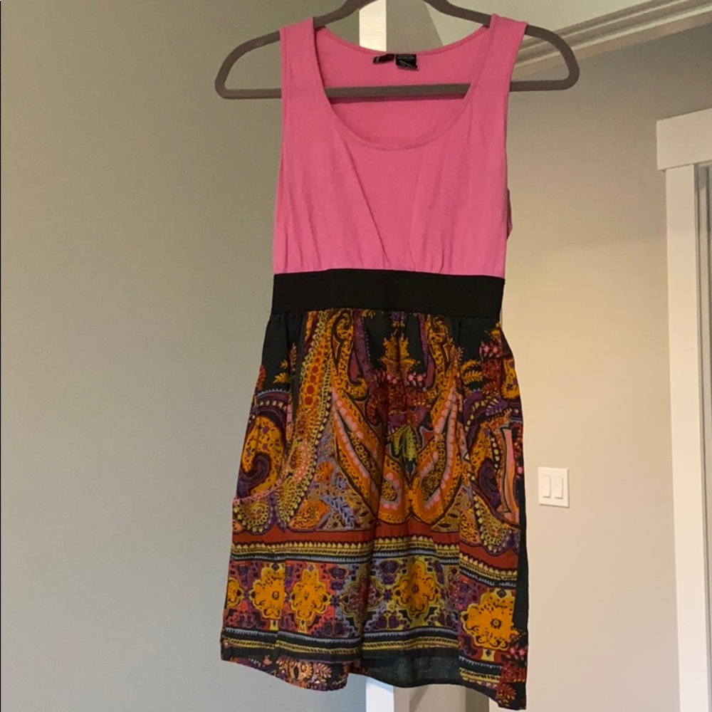 Pink and paisley dress.